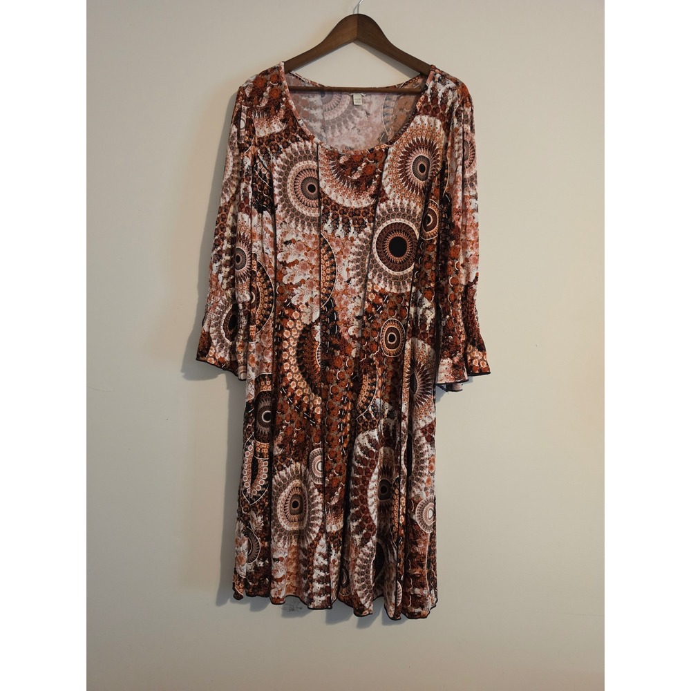 C. Est. 1946 Dress Women 22/24W Orange Mandala Boho Jersey Knit Smocked Ruffle